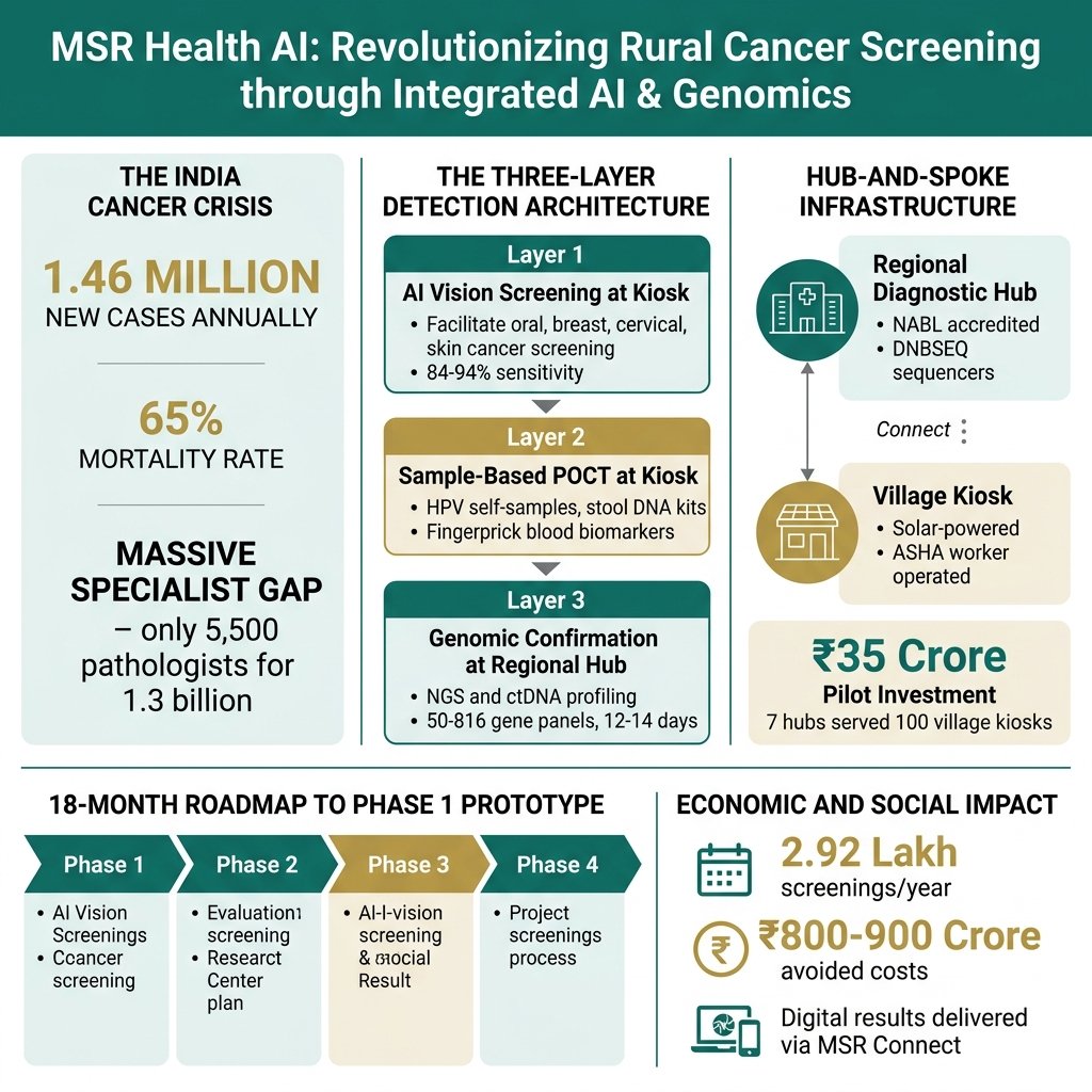 MSR Health AI: Revolutionizing Rural Cancer Screening through Integrated AI & Genomics — 3-Layer Architecture, Hub-and-Spoke, 18-Month Roadmap