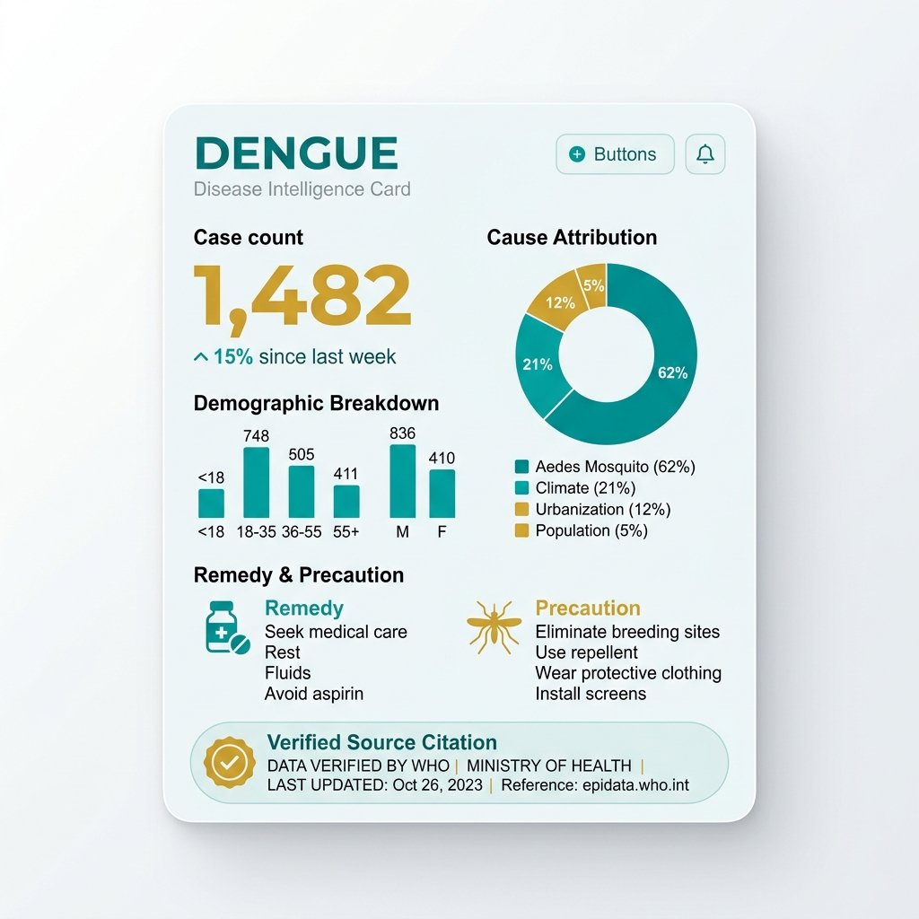 Disease Intelligence Card showing case counts, causes, demographics, and remedies