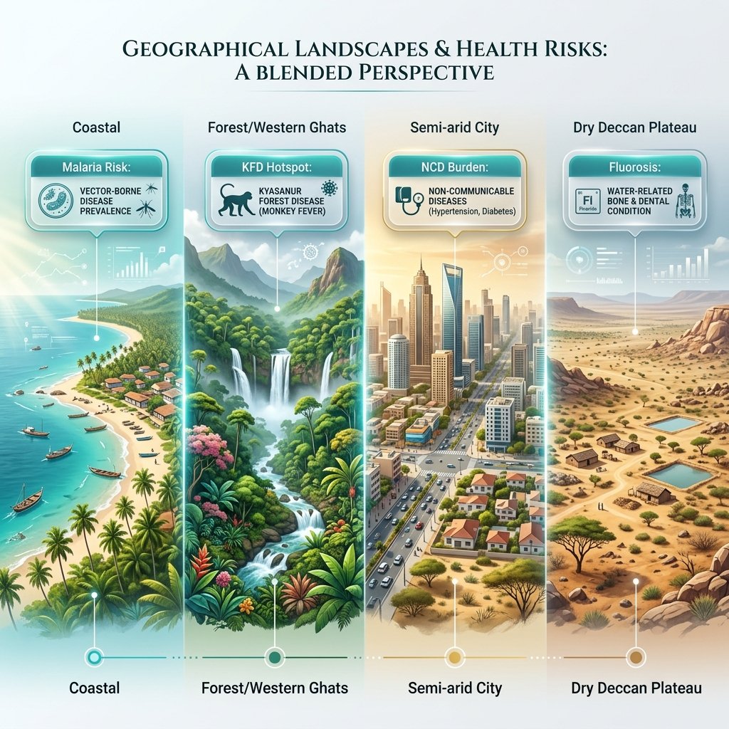 Infographic showing Coastal, Forest, City, and Deccan Plateau zones